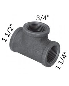 1 1/2" x 1 1/4" x 3/4" Black Malleable Tee Reducing